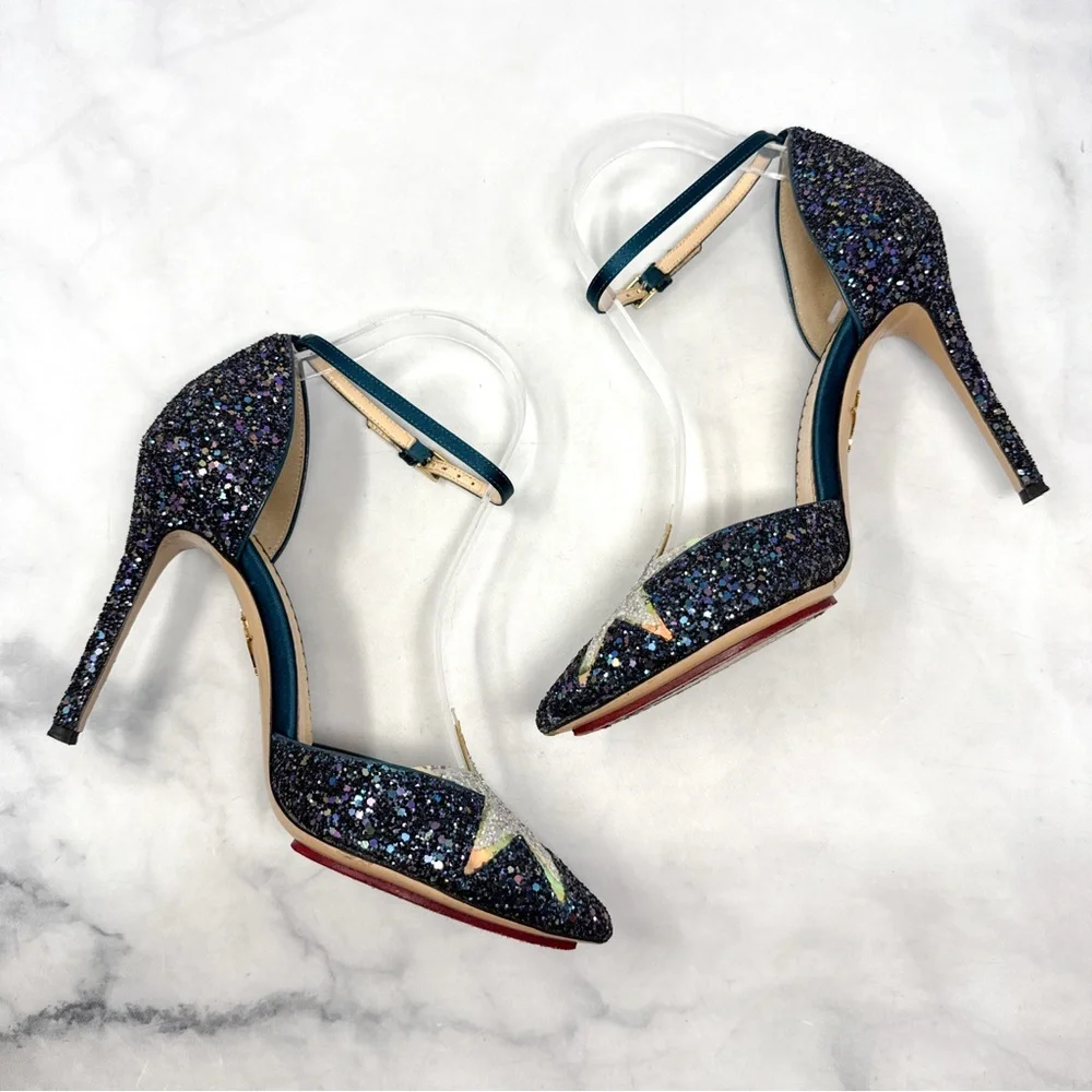 Charlotte Olympia Twilight Princess Glitter Star Ankle Strap Pointed Toe Heels - Picture 9 of 16